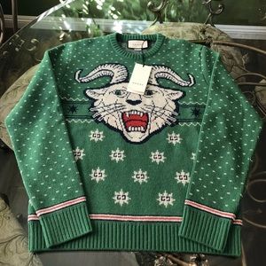 Gucci Tiger jacquard sweater green Medium